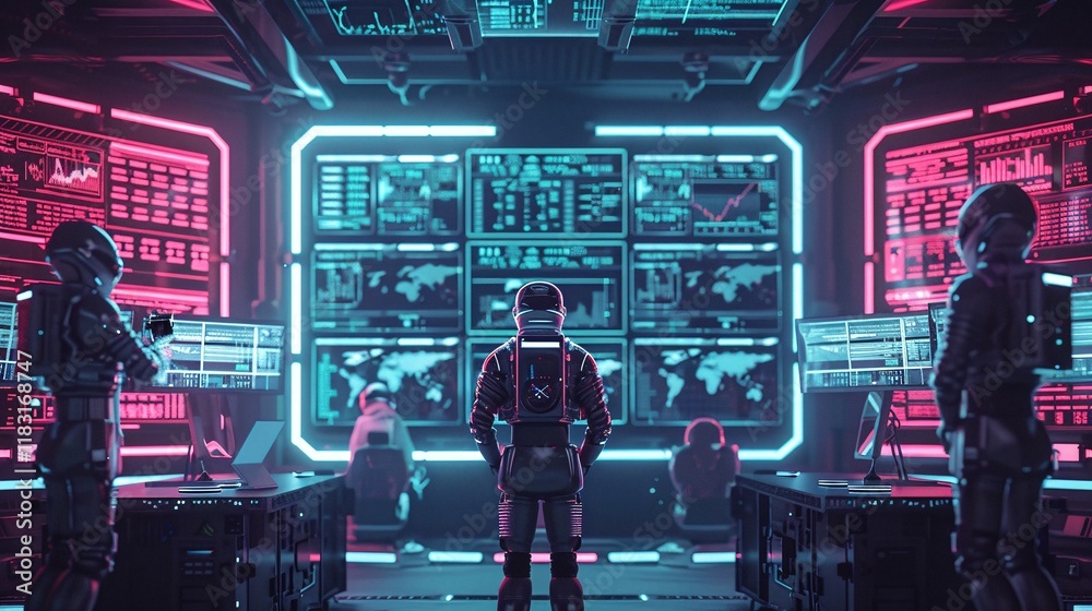Futuristic cyberpunk style control centre with illuminated digital displays data driven interfaces and a high tech atmospheric environment  The image conveys a sense of advanced technology