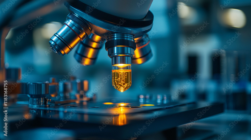 Scientific research using a microscope with glowing samples in a laboratory setting Scientific research using a microscope with glowing samples in a laboratory setting