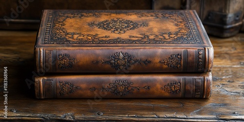 Antique leather-bound books on wooden table.  Possible use History, literature