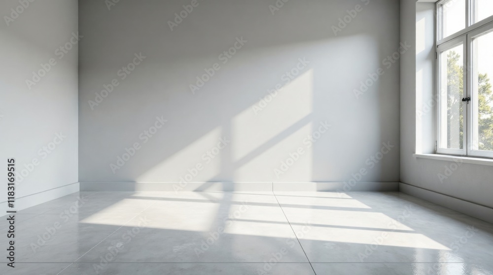 Fototapeta premium Empty Room with Sunlight Streaming Through Window and Light Grey Floor
