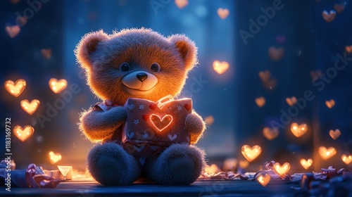 Charming teddy bear wearing a heart-decorated shirt and holding a gift box, surrounded by glowing hearts for a heartwarming design