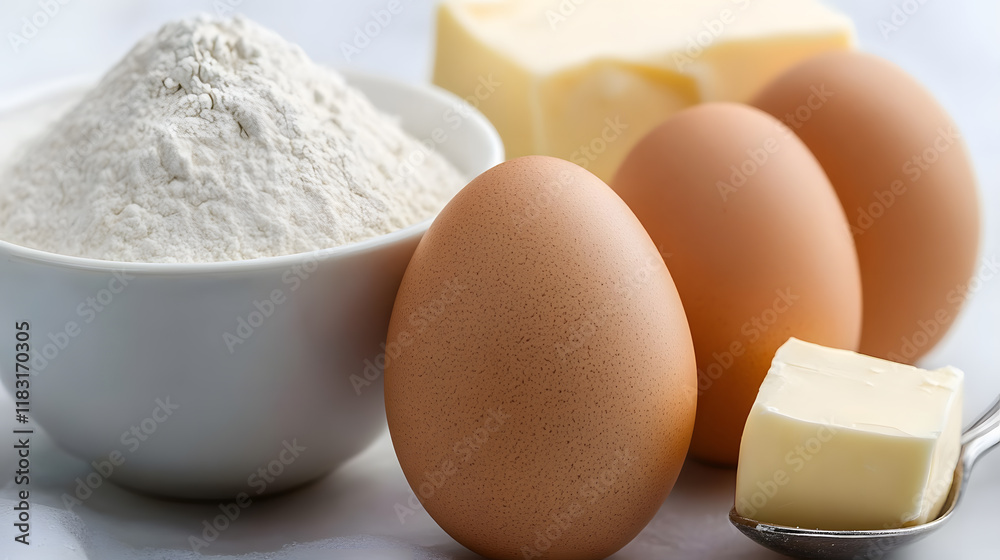Close-up of baking ingredients: flour in a bowl, three brown eggs, and a chunk of butter on a spoon. Perfect for recipes or culinary themes. Close-up of baking ingredients: flour in a bowl, three brown eggs, and a chunk of butter on a spoon. Perfect for recipes or culinary themes.