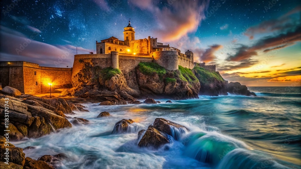 Fototapeta premium Majestic Sea Cliff Fortress at Night - Dramatic Coastal Landscape Photography