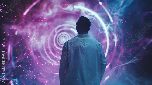 Silhouetted human figure standing within a captivating cosmic energy vortex surrounded by a mesmerizing display of glowing lights swirling particles and vibrant colors  This surreal