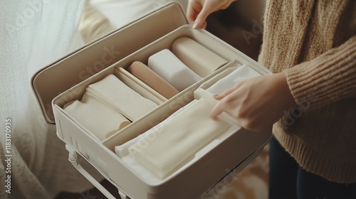 Neatly packed suitcase with clothing items photo