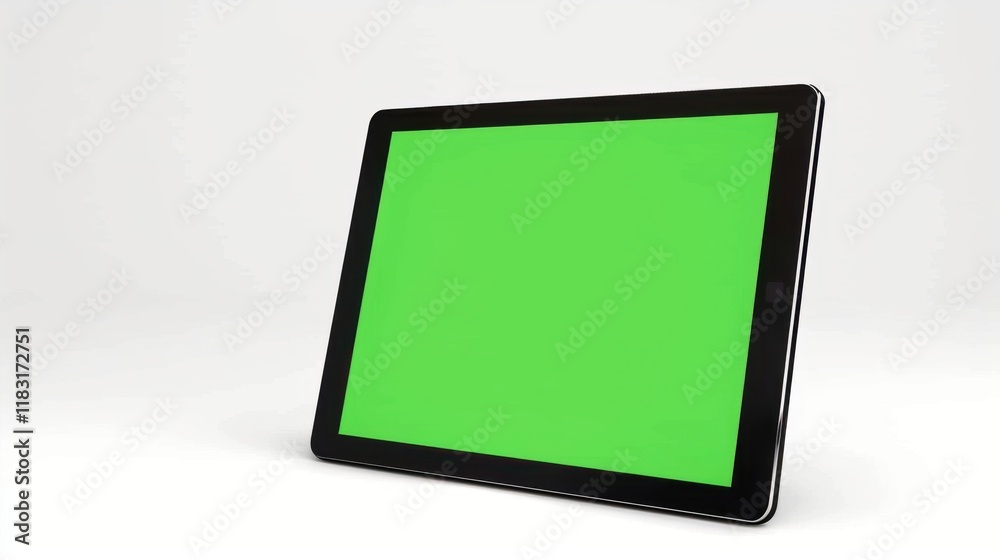 Tablet with green screen, set against a clean white background. Tablet with green screen, set against a clean white background.