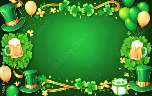 A vibrant vector illustration featuring traditional St. Patrick's Day symbols like shamrock, beer, and festive decorations.