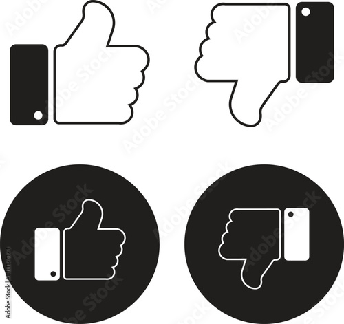 Thumb up and down icon set. Vector like and unlike buttons for website and mobile app. Line flat style. Good and Bad Gesture Button Signs. Social Media Feedback Symbols. Isolated Vector Illustration.