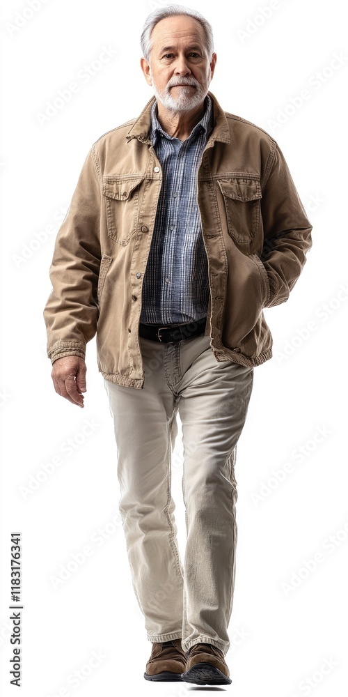 A man in a tan jacket and white pants is walking on a white background A man in a tan jacket and white pants is walking on a white background