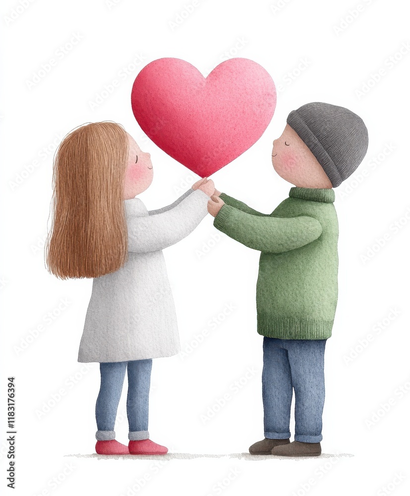 Valentine theme concept, A girl and boy hold a large heart-shaped balloon together, symbolizing love and connection in a cute, whimsical style. Valentine theme concept, A girl and boy hold a large heart-shaped balloon together, symbolizing love and connection in a cute, whimsical style.