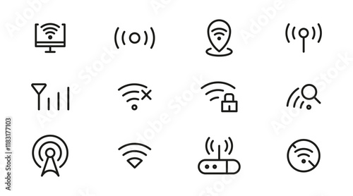 Wireless Wi-fi and network line icon set. Connection, Signal, Website, mobile, Wireless, Communication, Computer outline icon pack. UI thin line icon design