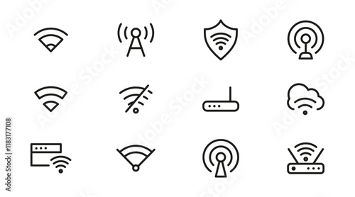 Wireless Wi-fi and network line icon set. Connection, Signal, Website, mobile, Wireless, Communication, Computer outline icon pack. UI thin line icon design