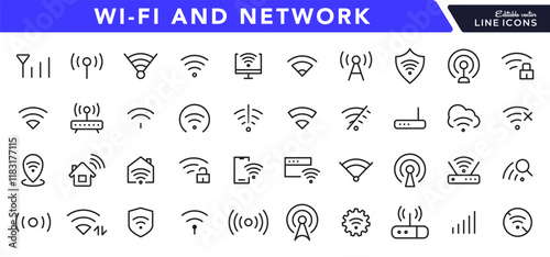 Wireless Wi-fi and network line icon set. Connection, Signal, Website, mobile, Wireless, Communication, Computer outline icon pack. UI thin line icon design