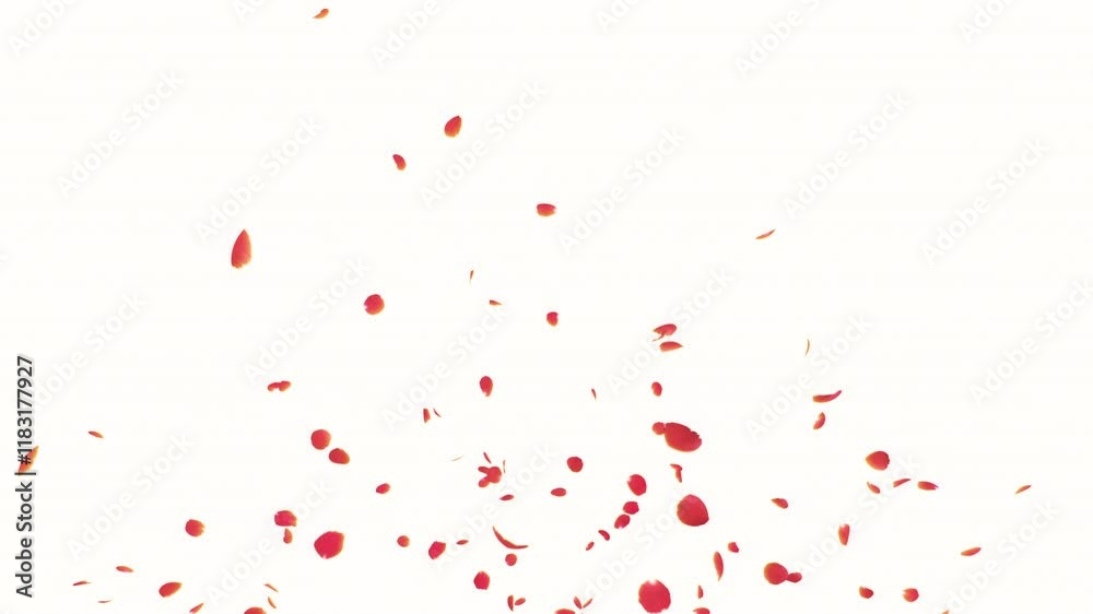 Red Rose Petals Burst on White Background. 3D rendering. Blast of red rose petals on white background
