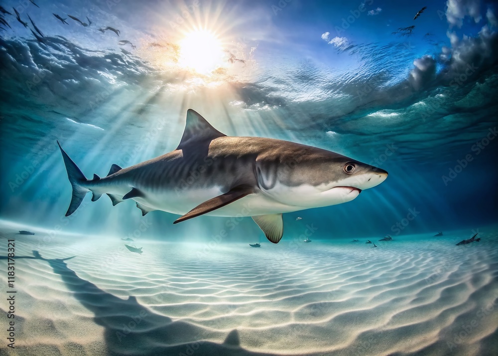 Fototapeta premium Majestic Tiger Shark at Tiger Beach: Underwater Architectural Photography