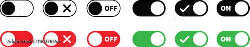 On and Off toggle switch buttons icon set. Switch buttons ON OFF isolated on transparent background. Power on and off slider switch icon. Modern web and mobile app switch button interface elements.