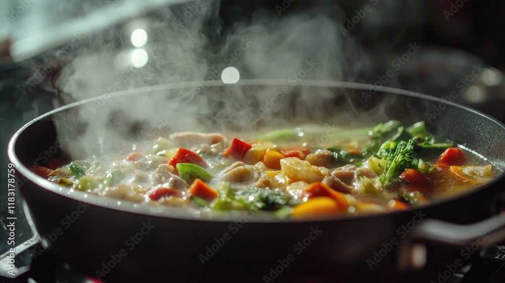 A close-up of a hot pot on the stove, steaming with rich broth and filled with fresh vegetables and meat. A close-up of a hot pot on the stove, steaming with rich broth and filled with fresh vegetables and meat.