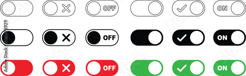 On and Off toggle switch buttons icon set. Switch buttons ON OFF isolated on transparent background. Power on and off slider switch icon. Modern web and mobile app switch button interface elements.