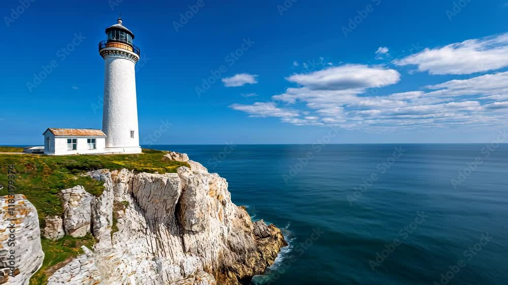 Scenic Lighthouse on Rocky Cliff by Ocean Beneath Blue Sky and Fluffy Clouds on Coast Scenic Lighthouse on Rocky Cliff by Ocean Beneath Blue Sky and Fluffy Clouds on Coast