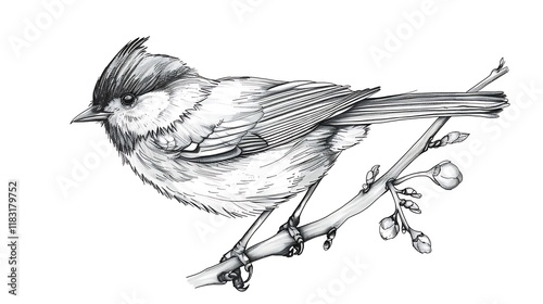 A line art of a bird perched on a branch, with detailed feather textures, isolated on white background photo