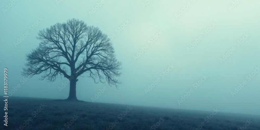 Solitary Tree in a Misty Meadow, a Serene Winter Landscape Solitary Tree in a Misty Meadow, a Serene Winter Landscape