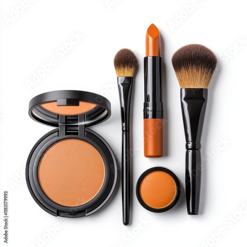 A photostock of assorted makeup products, including foundations, lipsticks, and brushes, neatly arranged on a clean white background, symbolizing beauty and cosmetics. High Quality photo