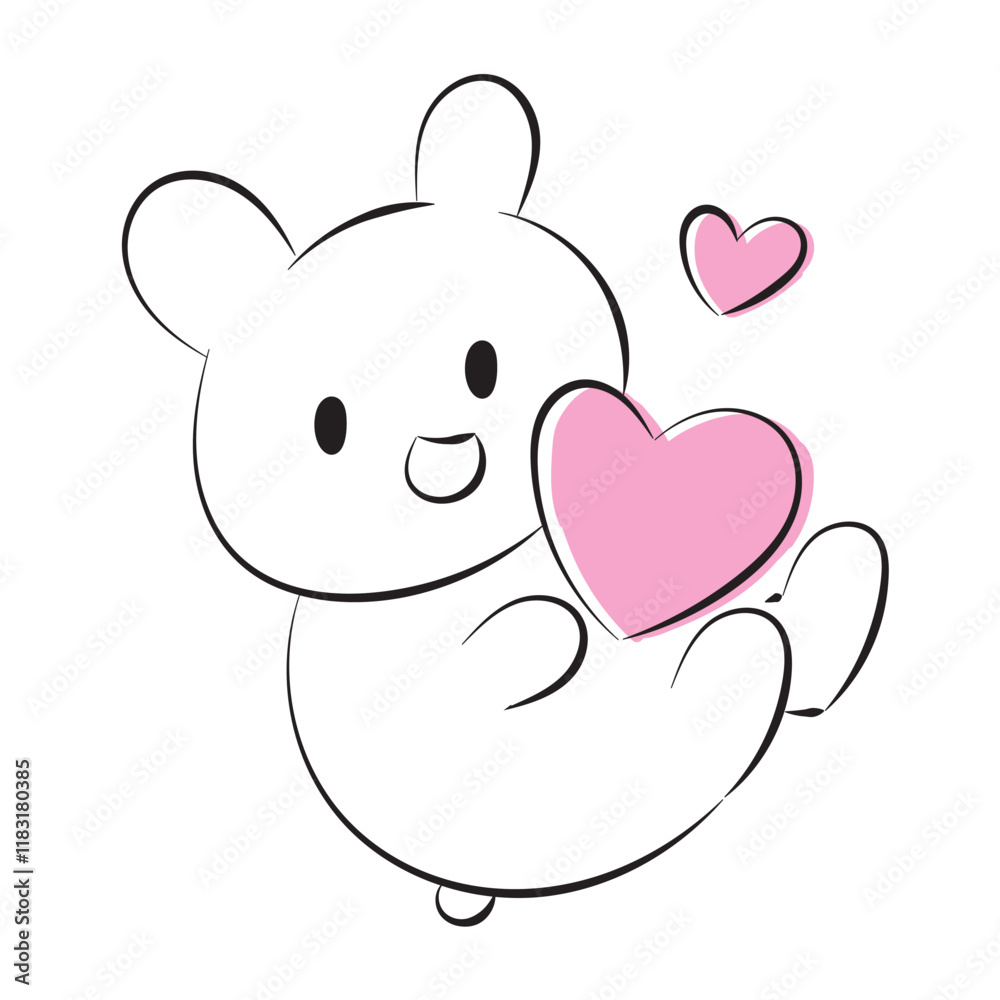 Cute hand-drawn illustration of a rabbit holding a heart mark and smiling. Cute hand-drawn illustration of a rabbit holding a heart mark and smiling.