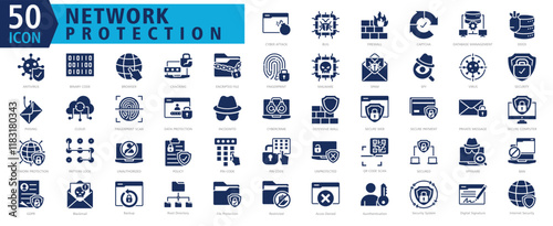 NETWORK PROTECTION ICON SET With Cyber Attack, Bug, Firewall, Captcha, Database Management, Ddos, Antivirus, Binary Code, Browser and Cracking