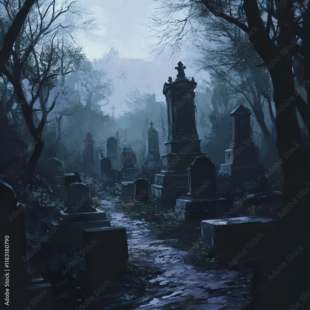 Moody Graveyard Landscape: Fog, Tombstones, and Trees Moody Graveyard Landscape: Fog, Tombstones, and Trees