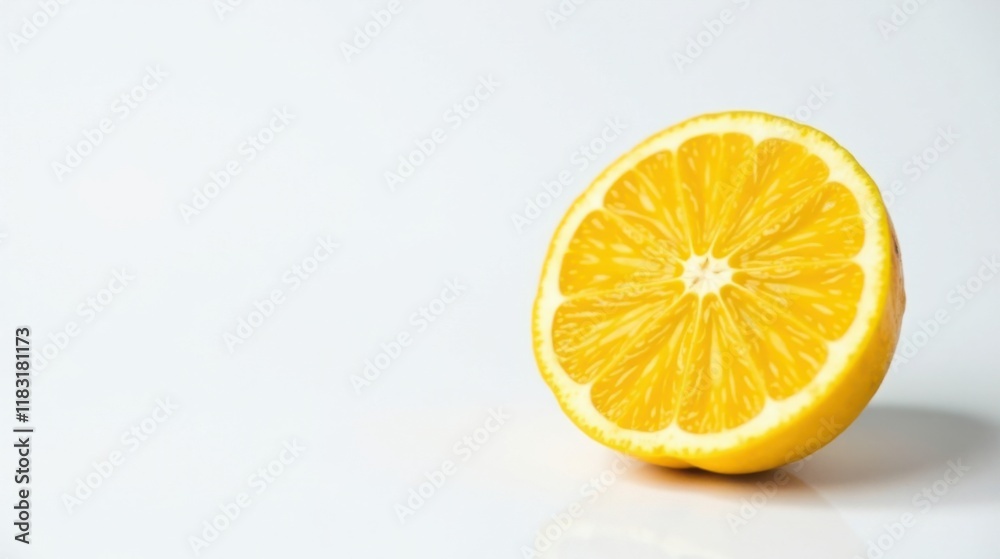 A vibrant half lemon, juicy and refreshing, sits on a pristine white surface A vibrant half lemon, juicy and refreshing, sits on a pristine white surface
