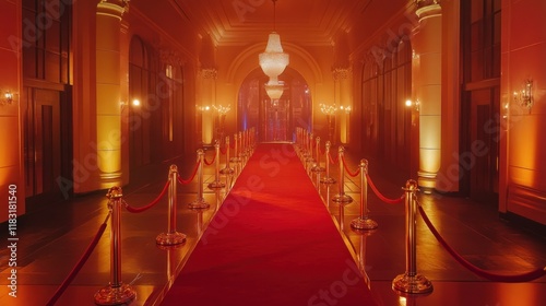 Grand red carpet entrance lined with golden stanchions and velvet ropes, illuminated by dramatic lights, perfect for an opulent celebration or premiere photo