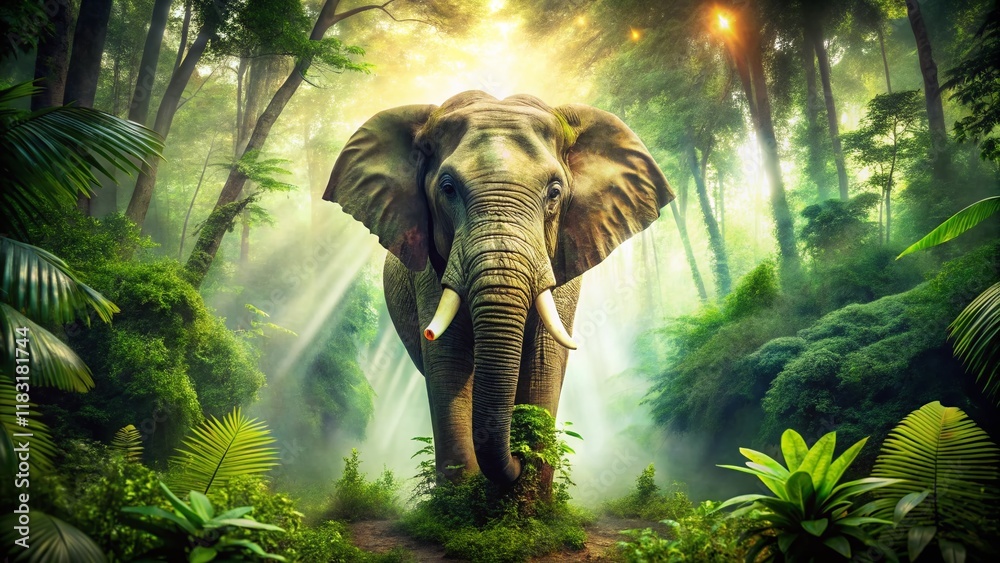 Fototapeta premium Majestic Wild Elephant in Lush Jungle - Double Exposure Stock Photo