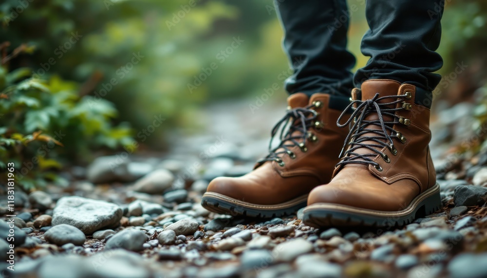 Sturdy brown hiking boots on rocky trail in nature Sturdy brown hiking boots on rocky trail in nature
