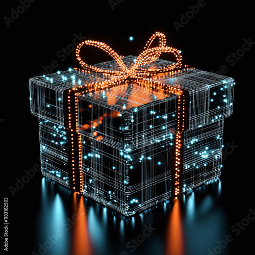 futuristic glowing gift box with digital ribbon on dark background, digital gift