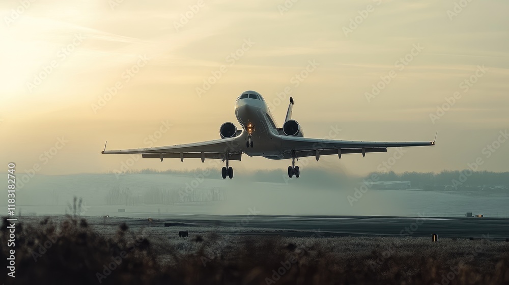 A commercial airplane lifting off in the early morning light, with a calm sky and minimal clouds around it. A commercial airplane lifting off in the early morning light, with a calm sky and minimal clouds around it.