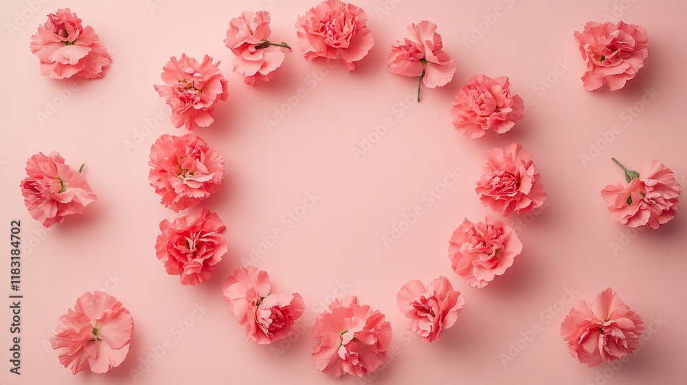 love background with a floral frame made of delicate pink carnation