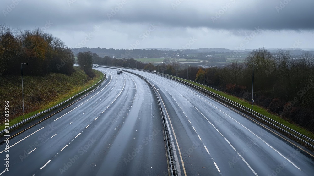 Naklejka premium A deserted motorway under dramatic storm clouds, with wet roads reflecting the dark sky.