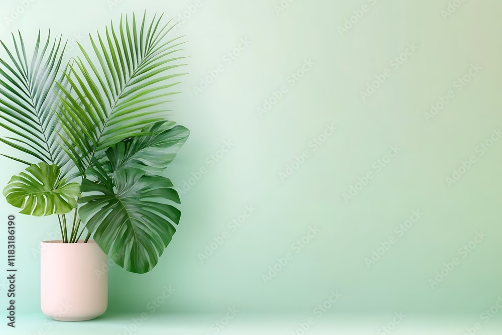 Tropical Plants in Pot, Green Background - Minimalism Tropical Plants in Pot, Green Background - Minimalism