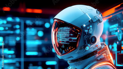 Futuristic astronaut with digital interface and neon effects.