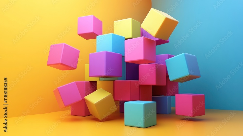 Obraz premium Colorful Cubes Abstract Composition: A vibrant explosion of geometric shapes against a bright backdrop.
