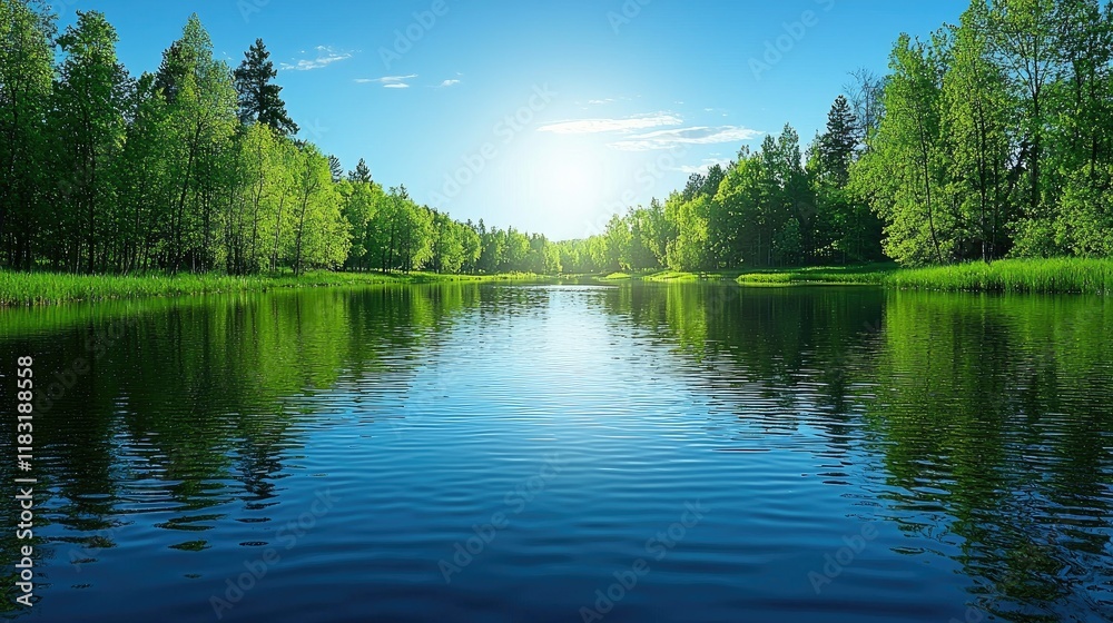 Obraz premium Serene River Reflecting Lush Green Summer Forest