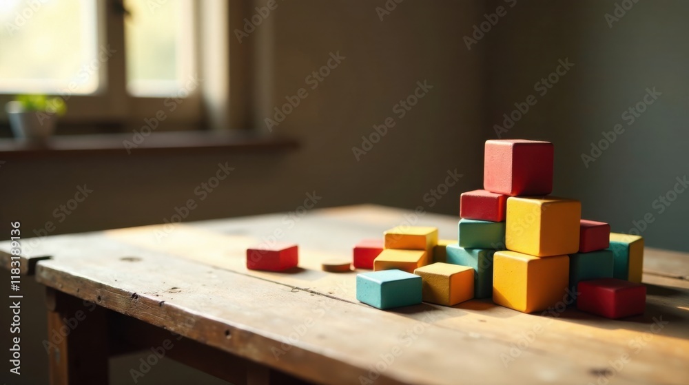 Wooden blocks arranged on rustic table in sunlit room Wooden blocks arranged on rustic table in sunlit room