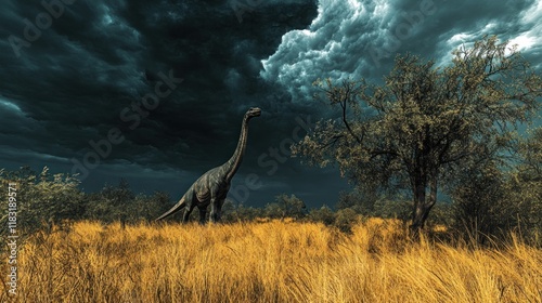 Prehistoric dinosaur in a golden field under a stormy sky. photo