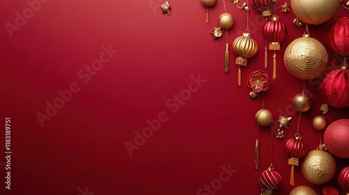 Rich red background adorned with corner elements like golden lanterns and traditional Chinese motifs, ideal for a festive New Year banner photo