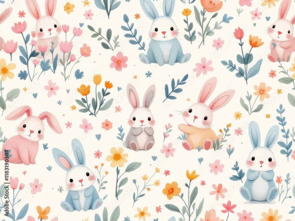 Cute pastel bunnies and floral pattern in soft colors Cute pastel bunnies and floral pattern in soft colors