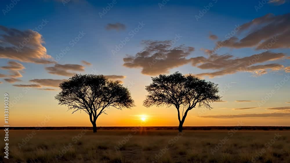 Majestic sunset landscape with trees and clouds under vibrant sky in nature.