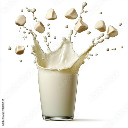 A photostock of a creative splash of white milk captured mid-motion on a white background, symbolizing freshness and dairy products. High Quality photo