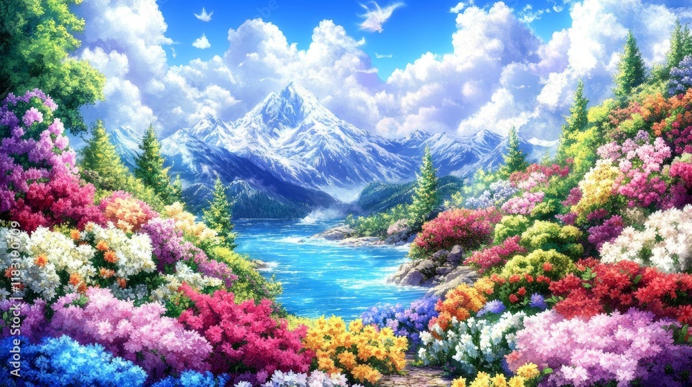 Naklejka premium Vibrant Spring Bloom by Majestic Snow-Capped Peaks