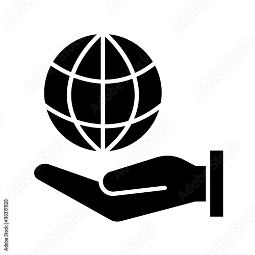 Hand and globe icon in glyph style
