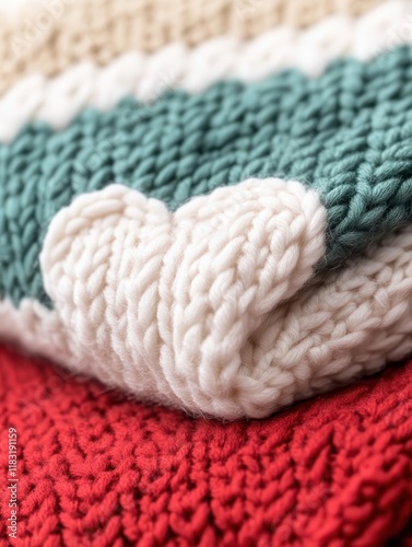 Close-up of textured knitted scarves with heart patterns, exuding cozy Valentine vibes.